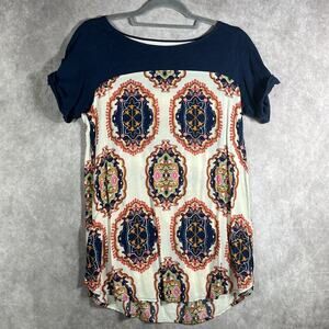 Meadow Rue Anthropologie Shirt Womens XS Boho Pattern Short Sleeve Top Peasant
